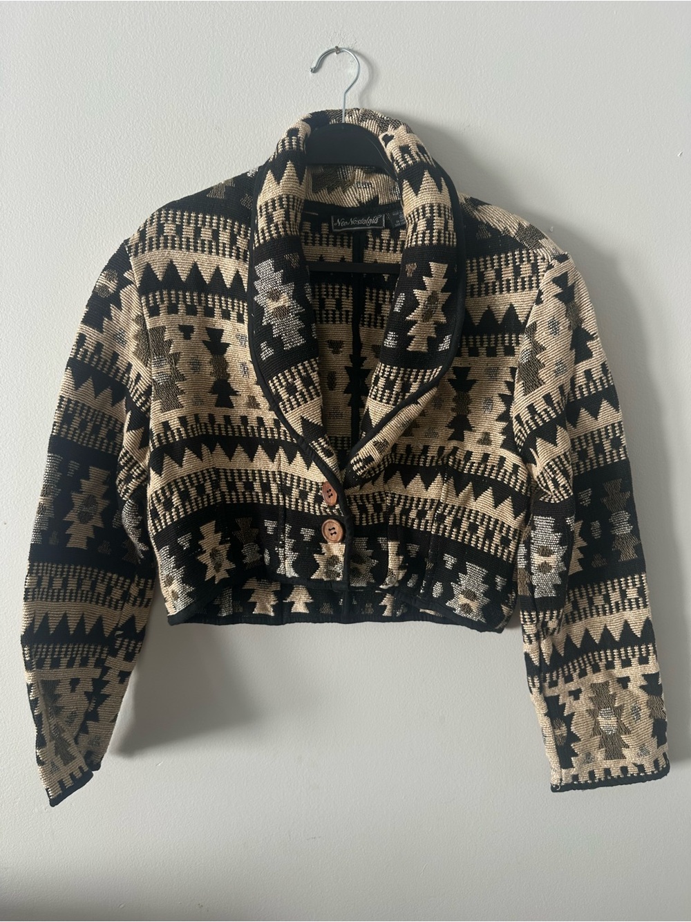 NEW Vintage Black & Tan Patterned Shawl Collar Cropped Jacket-M - Picture 2 of 4